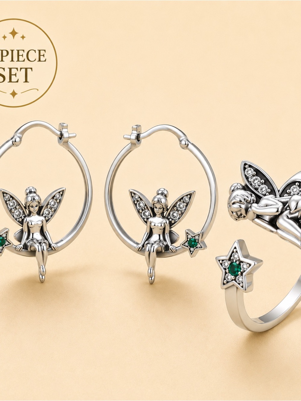 Silver Fairy Hoop Earrings with Green Star Accent - Women Jewelry